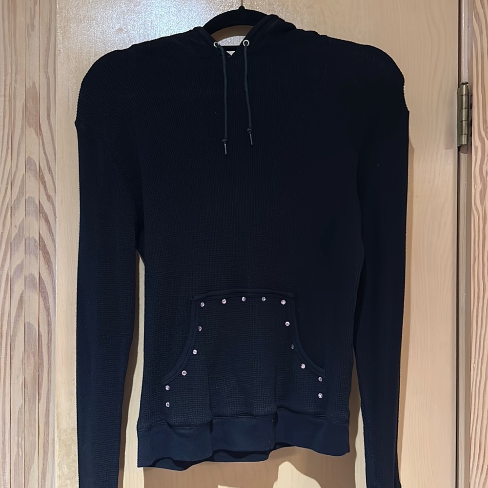 Bejeweled Black cotton blend Hoodie with pink Crystals.  Howdy spelled on back